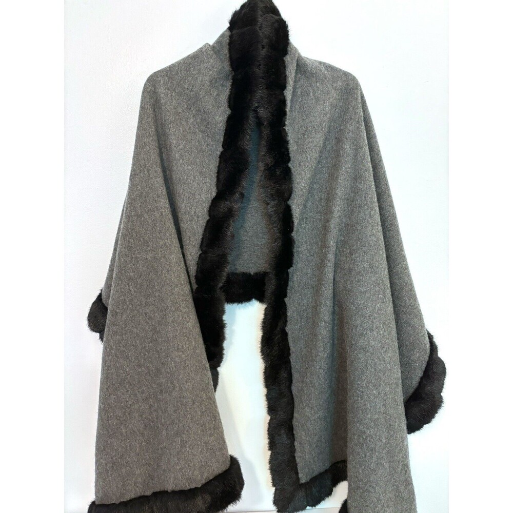 Wool Blend Faux Fur Trim Wrap Charcoal Black